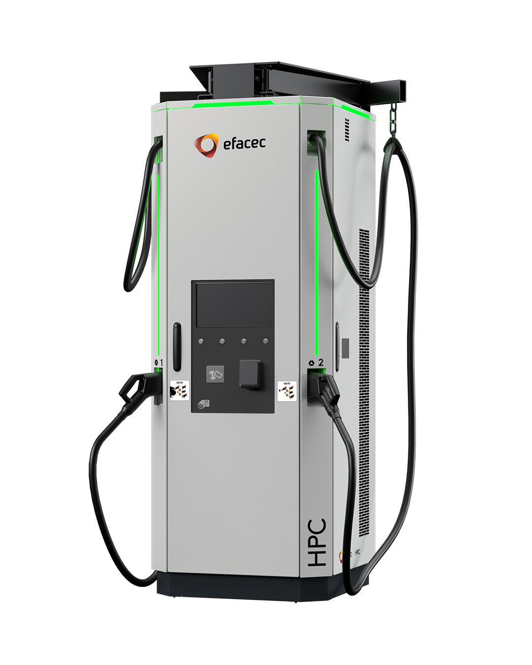 HPC 400 high-power charger with a sleek yet bulky design, in white, with green led stripes on the sides and a cable management system on the top.
