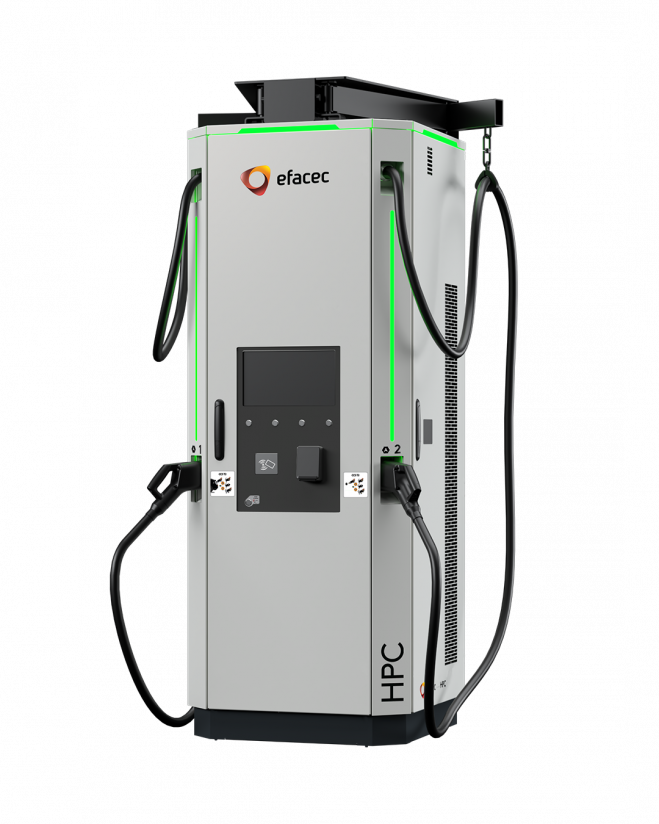HPC 400 high-power charger with a sleek yet bulky design, in white, with green led stripes on the sides and a cable management system on the top.